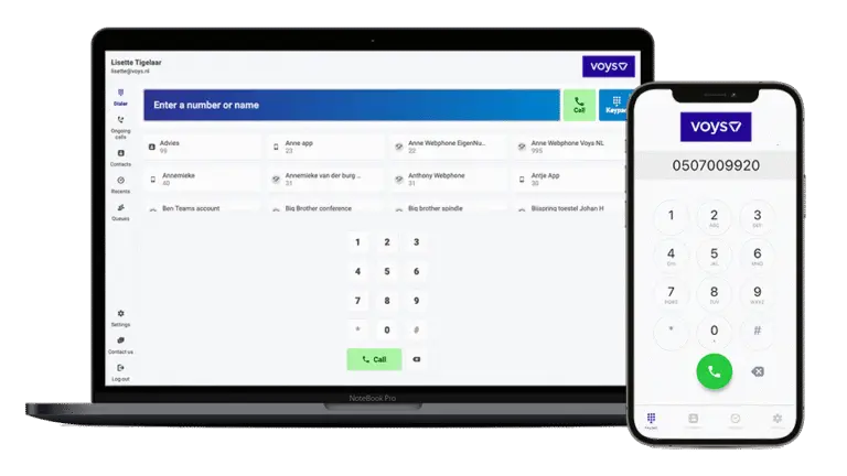 Voys App and Voys Webphone showcased on mobile and a laptop