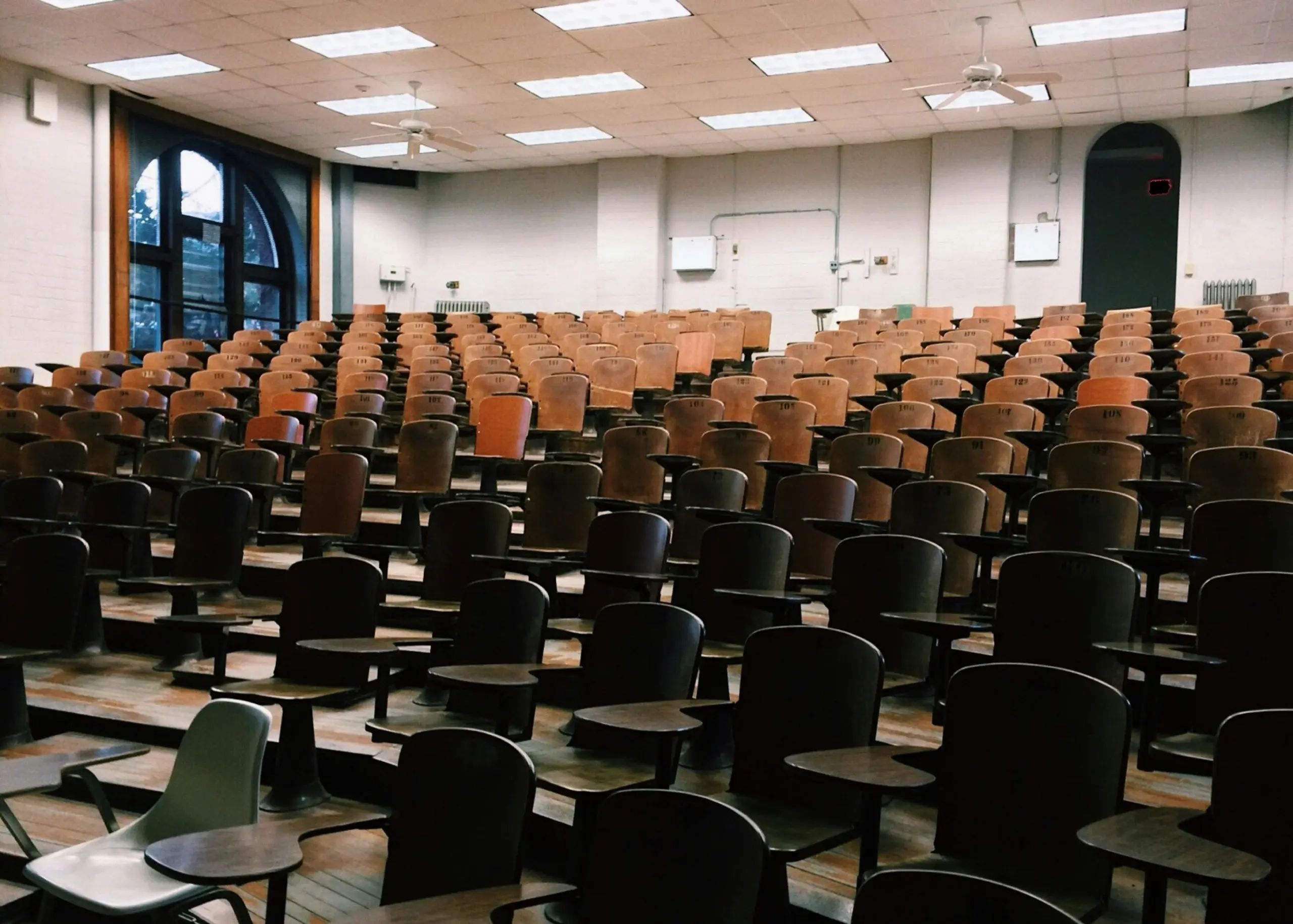 University classroom with empty student chairs